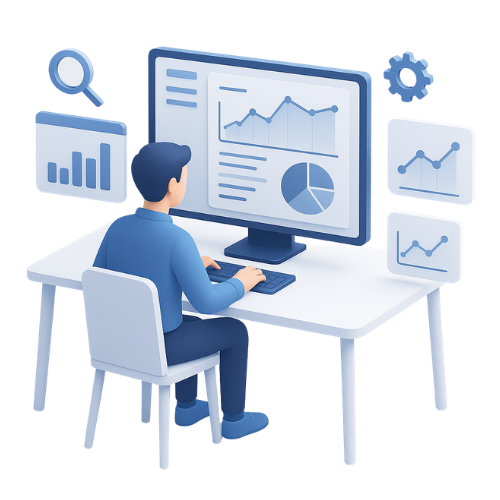 Analyst at desk with data dashboards